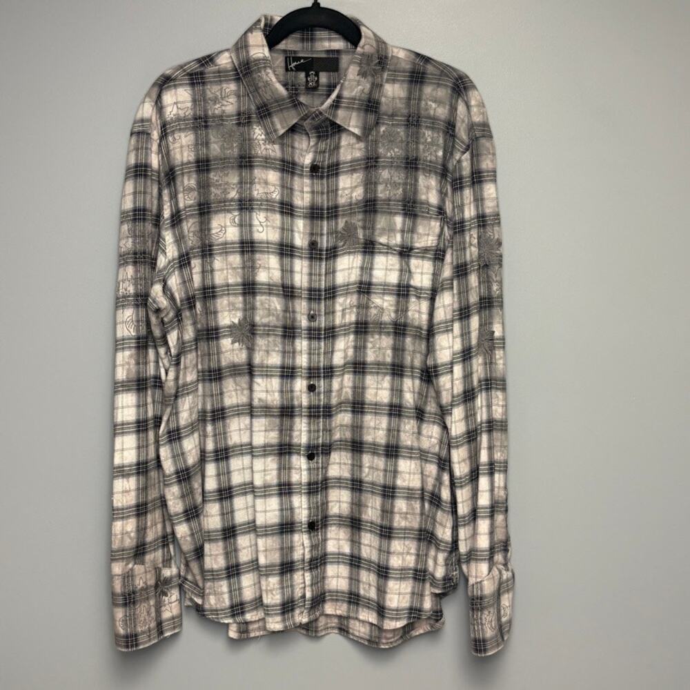 Howe Western Cowboy Grey Floral Embroidered Plaid Pocket Button-Up Mens Sz XL